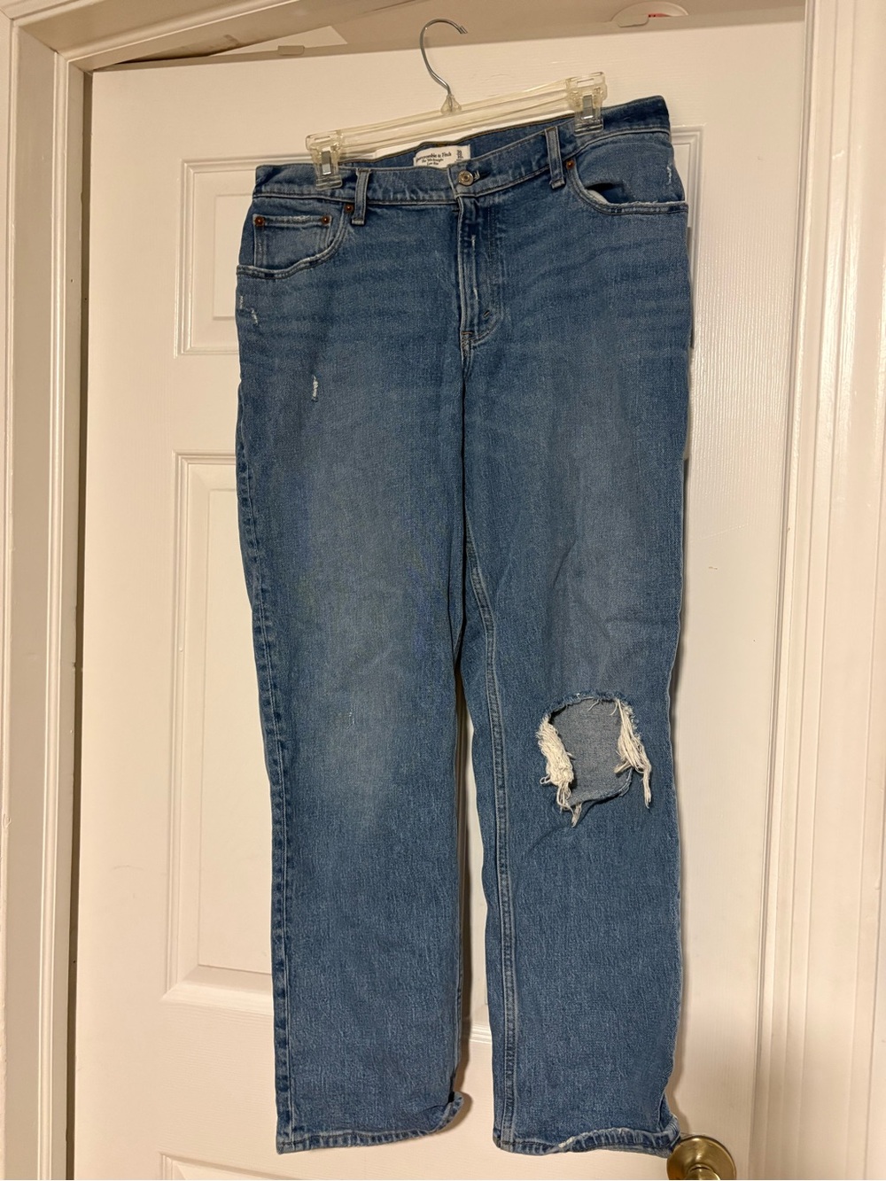 Abercrombie & Fitch Medium Blue Straight Leg Jeans with Distressed Knee